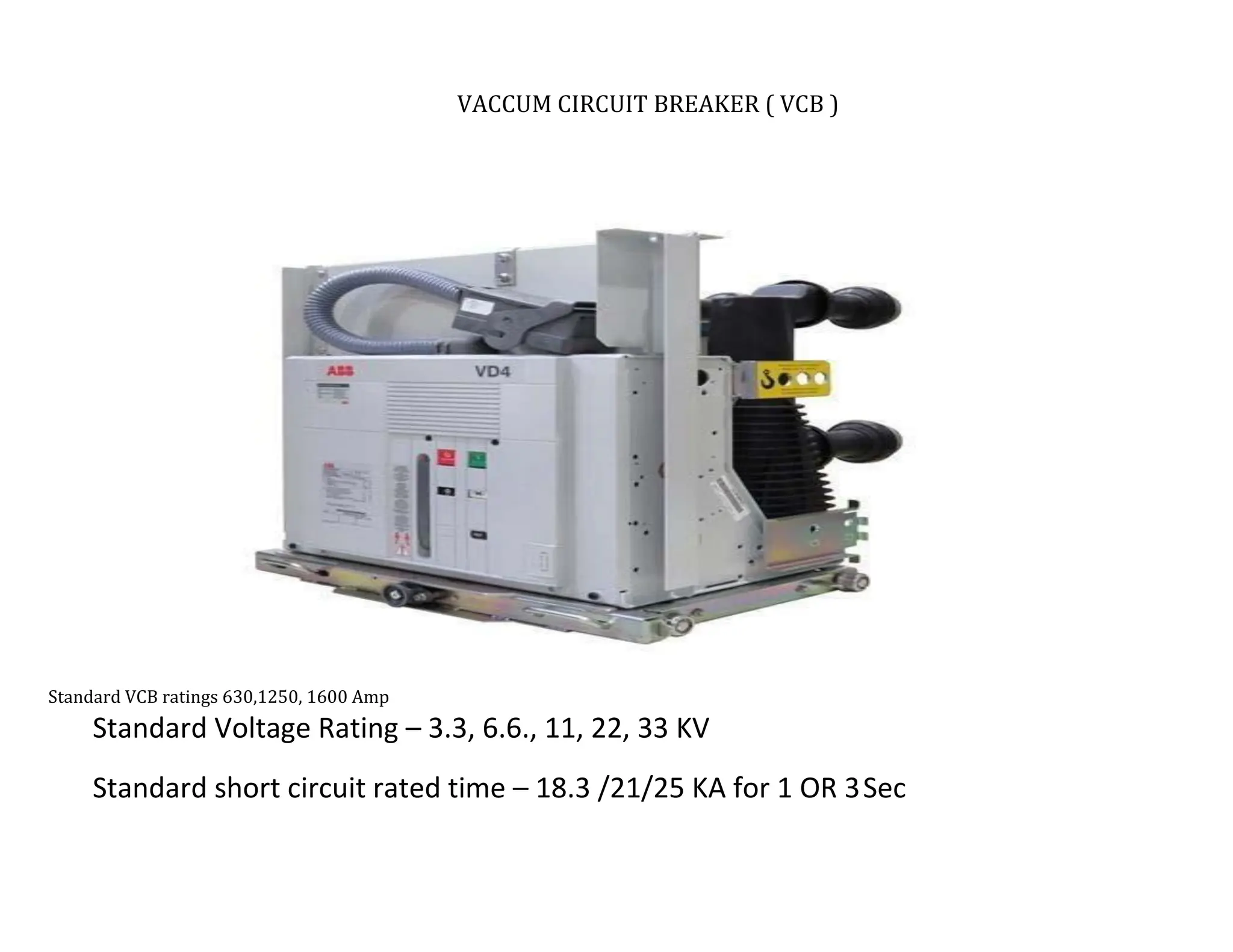 VACCUM CIRCUIT BREAKER ( VCB )
Standard VCB ratings 630,1250, 1600 Amp
Standard Voltage Rating – 3.3, 6.6., 11, 22, 33 KV
Standard short circuit rated time – 18.3 /21/25 KA for 1 OR 3Sec
TATA HOUSING DEVELOPMENT COMPANY LTD.
 