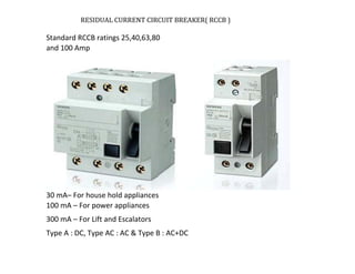 RESIDUAL CURRENT CIRCUIT BREAKER( RCCB )
Standard RCCB ratings 25,40,63,80
and 100 Amp
30 mA– For house hold appliances
100 mA – For power appliances
300 mA – For Lift and Escalators
Type A : DC, Type AC : AC & Type B : AC+DC
TATA HOUSING DEVELOPMENT COMPANY LTD.
 