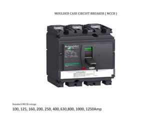 MOULDED CASE CIRCUIT BREAKER ( MCCB )
Standard MCCB ratings
100, 125, 160, 200, 250, 400,630,800, 1000, 1250Amp
 