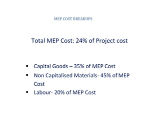 MEP COST BREAKUPS
Total MEP Cost: 24% of Project cost
 Capital Goods – 35% of MEP Cost
 Non Capitalised Materials- 45% of MEP
Cost
 Labour- 20% of MEP Cost
 