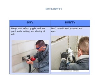 DO’s & DON’T’s
DO’s DON’T’s
Always use safety goggle and ear
guard while cutting and chasing of
wall.
Don’t take risk with your ears and
eyes.
 
