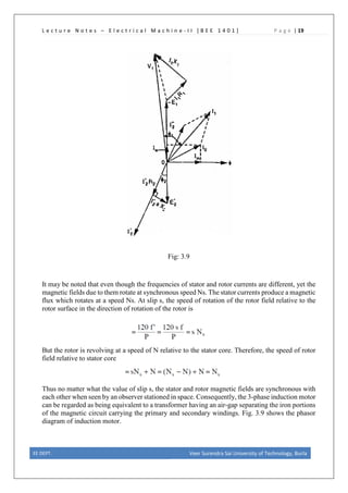 L e c t u r e N o t e s – E l e c t r i c a l M a c h i n e - I I [ B E E 1 4 0 1 ] P a g e | 19
Fig: 3.9
It may be noted that even though the frequencies of stator and rotor currents are different, yet the
magnetic fields due to them rotate at synchronous speed Ns. The stator currents produce a magnetic
flux which rotates at a speed Ns. At slip s, the speed of rotation of the rotor field relative to the
rotor surface in the direction of rotation of the rotor is
But the rotor is revolving at a speed of N relative to the stator core. Therefore, the speed of rotor
field relative to stator core
Thus no matter what the value of slip s, the stator and rotor magnetic fields are synchronous with
each other when seen by an observer stationed in space. Consequently, the 3-phase induction motor
can be regarded as being equivalent to a transformer having an air-gap separating the iron portions
of the magnetic circuit carrying the primary and secondary windings. Fig. 3.9 shows the phasor
diagram of induction motor.
EE DEPT. Veer Surendra Sai University of Technology, Burla
 