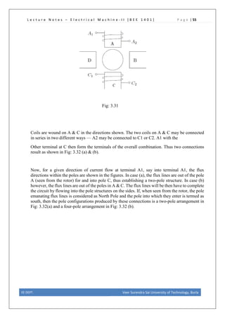 L e c t u r e N o t e s – E l e c t r i c a l M a c h i n e - I I [ B E E 1 4 0 1 ] P a g e | 55
Fig: 3.31
Coils are wound on A & C in the directions shown. The two coils on A & C may be connected
in series in two different ways — A2 may be connected to C1 or C2. A1 with the
Other terminal at C then form the terminals of the overall combination. Thus two connections
result as shown in Fig: 3.32 (a) & (b).
Now, for a given direction of current flow at terminal A1, say into terminal A1, the flux
directions within the poles are shown in the figures. In case (a), the flux lines are out of the pole
A (seen from the rotor) for and into pole C, thus establishing a two-pole structure. In case (b)
however, the flux lines are out of the poles in A & C. The flux lines will be then have to complete
the circuit by flowing into the pole structures on the sides. If, when seen from the rotor, the pole
emanating flux lines is considered as North Pole and the pole into which they enter is termed as
south, then the pole configurations produced by these connections is a two-pole arrangement in
Fig: 3.32(a) and a four-pole arrangement in Fig: 3.32 (b).
EE DEPT. Veer Surendra Sai University of Technology, Burla
 