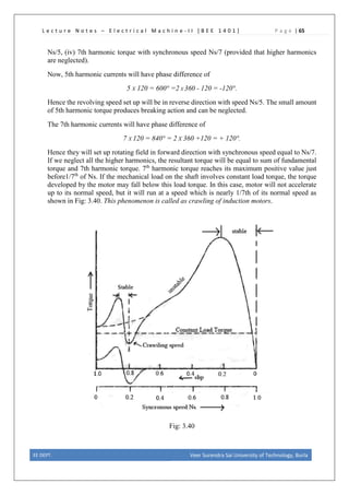 L e c t u r e N o t e s – E l e c t r i c a l M a c h i n e - I I [ B E E 1 4 0 1 ] P a g e | 65
Ns/5, (iv) 7th harmonic torque with synchronous speed Ns/7 (provided that higher harmonics
are neglected).
Now, 5th harmonic currents will have phase difference of
5 X 120 = 600° =2 X 360 - 120 = -120°.
Hence the revolving speed set up will be in reverse direction with speed Ns/5. The small amount
of 5th harmonic torque produces breaking action and can be neglected.
The 7th harmonic currents will have phase difference of
7 X 120 = 840° = 2 X 360 +120 = + 120°.
Hence they will set up rotating field in forward direction with synchronous speed equal to Ns/7.
If we neglect all the higher harmonics, the resultant torque will be equal to sum of fundamental
torque and 7th harmonic torque. 7th
harmonic torque reaches its maximum positive value just
before1/7th
of Ns. If the mechanical load on the shaft involves constant load torque, the torque
developed by the motor may fall below this load torque. In this case, motor will not accelerate
up to its normal speed, but it will run at a speed which is nearly 1/7th of its normal speed as
shown in Fig: 3.40. This phenomenon is called as crawling of induction motors.
Fig: 3.40
EE DEPT. Veer Surendra Sai University of Technology, Burla
 