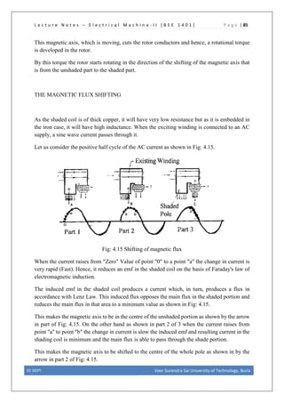 L e c t u r e N o t e s – E l e c t r i c a l M a c h i n e - I I [ B E E 1 4 0 1 ] P a g e | 85
This magnetic axis, which is moving, cuts the rotor conductors and hence, a rotational torque
is developed in the rotor.
By this torque the rotor starts rotating in the direction of the shifting of the magnetic axis that
is from the unshaded part to the shaded part.
THE MAGNETIC FLUX SHIFTING
As the shaded coil is of thick copper, it will have very low resistance but as it is embedded in
the iron case, it will have high inductance. When the exciting winding is connected to an AC
supply, a sine wave current passes through it.
Let us consider the positive half cycle of the AC current as shown in Fig: 4.15.
Fig: 4.15 Shifting of magnetic flux
When the current raises from "Zero" Value of point "0" to a point "a" the change in current is
very rapid (Fast). Hence, it reduces an emf in the shaded coil on the basis of Faraday's law of
electromagnetic induction.
The induced emf in the shaded coil produces a current which, in turn, produces a flux in
accordance with Lenz Law. This induced flux opposes the main flux in the shaded portion and
reduces the main flux in that area to a minimum value as shown in Fig: 4.15.
This makes the magnetic axis to be in the centre of the unshaded portion as shown by the arrow
in part of Fig: 4.15. On the other hand as shown in part 2 of 3 when the current raises from
point "a" to point "b" the change in current is slow the induced emf and resulting current in the
shading coil is minimum and the main flux is able to pass through the shade portion.
This makes the magnetic axis to be shifted to the centre of the whole pole as shown in by the
arrow in part 2 of Fig: 4.15.
EE DEPT. Veer Surendra Sai University of Technology, Burla
 