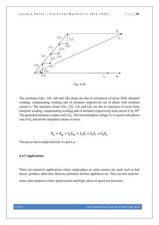 L e c t u r e N o t e s – E l e c t r i c a l M a c h i n e - I I [ B E E 1 4 0 1 ] P a g e | 90
Fig: 4.20
The resistance IaRse, IaRi, IaRc and IaRa drops are due to resistances of series field, interpole
winding, compensating winding and of armature respectively are in phase with armature
current Ia. The reactance drops IaXse, IaXi, IaXc and IaXa are due to reactance of series field,
interpole winding, compensating winding and of armature respectively lead current Ia by 900
.
The generated armature counter emf is Eg. The terminal phase voltage VP is equal to the phasor
sum of Eg and all the impedance drops in series.
The power factor angle between VP and Ia is .
4.4.3 Applications
There are numerous applications where single-phase ac series motors are used, such as hair
dryers, grinders, table-fans, blowers, polishers, kitchen appliances etc. They are also used for
many other purposes where speed control and high values of speed are necessary.
EE DEPT. Veer Surendra Sai University of Technology, Burla
 