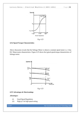 L e c t u r e N o t e s – E l e c t r i c a l M a c h i n e - I I [ B E E 1 4 0 1 ] P a g e | 95
Fig: 4.23
4.5.4 Speed Torque Characteristics
Above discussion reveals that the Schrage Motor is almost a constant speed motor i.e. it has
D.C Shunt motor characteristics. Figure 4.23 shows the typical speed-torque characteristics of
Schrage motor.
Fig: 4.23
4.5.5 Advantages & Shortcomings
Advantages:
(i) Good Speed Regulation.
(ii) High p.f. for high speed setting.
EE DEPT. Veer Surendra Sai University of Technology, Burla
 