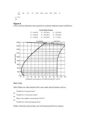 46      48     47        43.8    39.8    36.4    32.8     29.6     11
       308

  t = 2.75
  sec.


Figure A
Curves used to determine time required to accelerate induction motor and blower

                                                Accelerating Torques
                             T1 = 46 lb.ft.       T4 = 43.8 lb.ft.      T7 = 32.8 lb.ft.
                             T2 = 48 lb.ft.       T5 = 39.8 lb.ft.      T8 = 29.6 lb.ft.
                             T3 = 47 lb.ft.       T6 = 36.4 lb.ft.       T9 = 11 lb.ft.




Duty Cycles

Sales Orders are often entered with a note under special features such as:

     "Suitable for 10 starts per hour"
Or
     "Suitable for 3 reverses per minute"
Or
     "Motor to be capable of accelerating 350 lb.ft.2"
Or
     "Suitable for 5 starts and stops per hour"

Orders with notes such as these can not be processed for two reasons.
 