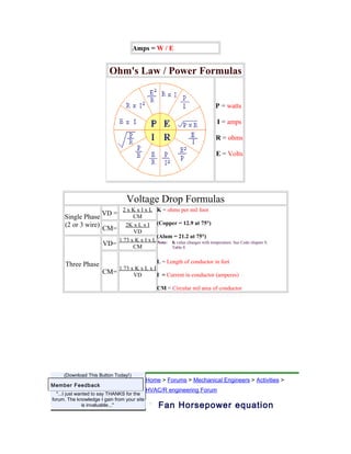 Amps = W / E


                          Ohm's Law / Power Formulas


                                                                            P = watts

                                                                             I = amps

                                                                            R = ohms

                                                                             E = Volts




                                 Voltage Drop Formulas
                            2 x K x I x L K = ohms per mil foot
                      VD =
     Single Phase               CM
     (2 or 3 wire)           2K x L x I (Copper = 12.9 at 75°)
                      CM=       VD
                                           (Alum = 21.2 at 75°)
                          1.73 x K x I x L Note: K value changes with temperature. See Code chapter 9,
                      VD=       CM               Table 8


                                           L = Length of conductor in feet
      Three Phase
                          1.73 x K x L x I
                      CM=       VD         I = Current in conductor (amperes)

                                                 CM = Circular mil area of conductor




     (Download This Button Today!)
                                             Home > Forums > Mechanical Engineers > Activities >
Member Feedback
                                             HVAC/R engineering Forum
  "...I just wanted to say THANKS for the
forum. The knowledge I gain from your site
               is invaluable..."                 Fan Horsepower equation
 