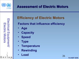 Assessment of Electric Motors

Electrical Equipment/
Electric Motors

Efficiency of Electric Motors
Factors that influence efficiency
• Age
• Capacity
• Speed
• Type
• Temperature
• Rewinding
• Load
26

© UNEP 2006

 