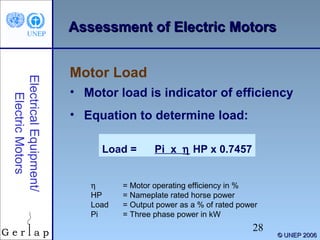 Assessment of Electric Motors

Electrical Equipment/
Electric Motors

Motor Load
• Motor load is indicator of efficiency
• Equation to determine load:
Load =
η
HP
Load
Pi

Pi x η HP x 0.7457

= Motor operating efficiency in %
= Nameplate rated horse power
= Output power as a % of rated power
= Three phase power in kW

28

© UNEP 2006

 