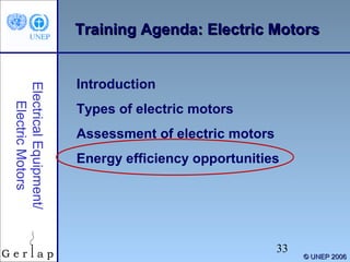 Training Agenda: Electric Motors

Electrical Equipment/
Electric Motors

Introduction
Types of electric motors
Assessment of electric motors
Energy efficiency opportunities

33

© UNEP 2006

 