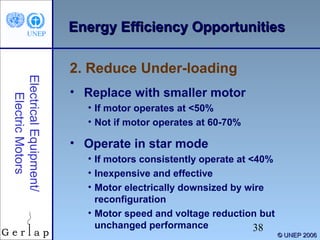Energy Efficiency Opportunities

Electrical Equipment/
Electric Motors

2. Reduce Under-loading
• Replace with smaller motor
• If motor operates at <50%
• Not if motor operates at 60-70%

• Operate in star mode
• If motors consistently operate at <40%
• Inexpensive and effective
• Motor electrically downsized by wire
reconfiguration
• Motor speed and voltage reduction but
unchanged performance
38

© UNEP 2006

 