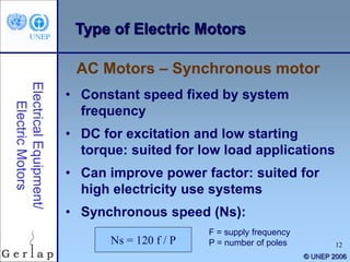 12
© UNEP 2006
Type of Electric Motors
• Constant speed fixed by system
frequency
• DC for excitation and low starting
torque: suited for low load applications
• Can improve power factor: suited for
high electricity use systems
• Synchronous speed (Ns):
AC Motors – Synchronous motor
Ns = 120 f / P
F = supply frequency
P = number of poles
 