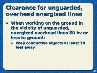 Clearance for unguarded,
overhead energized lines
• When working on the ground in
  the vicinity of unguarded,
  energized overhead lines 50 kv or
  less to ground:
  • keep conductive objects at least 10
    feet away




                                          3c
 