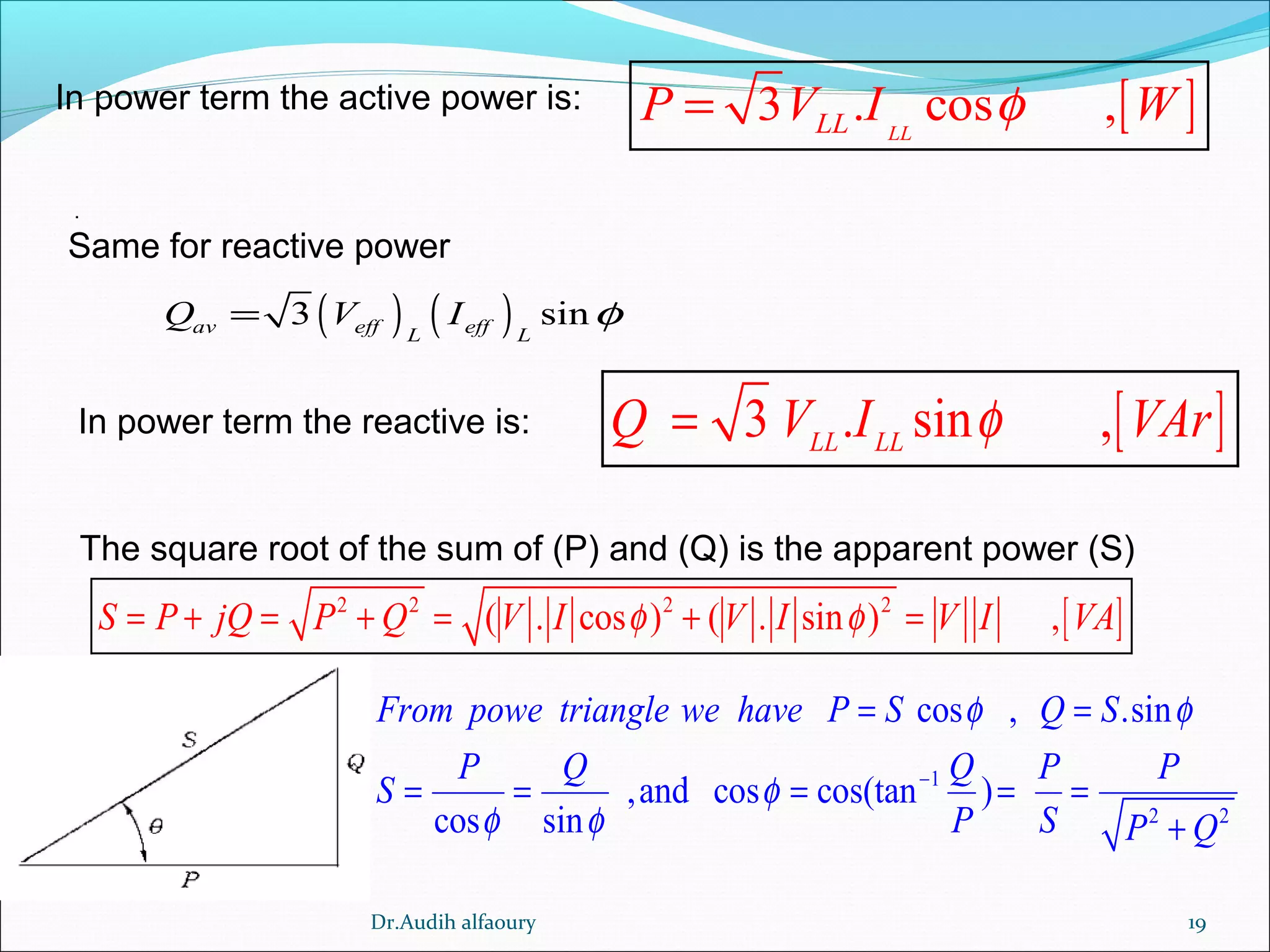 19
In power term the active power is: [ ]3 . cos ,LLLLP V I Wφ=
( ) ( )3 sinav eff effL L
Q V I φ=
[ ]3 . sin ,LL LL
Q V I VArφ=In power term the reactive is:
.
Same for reactive power
The square root of the sum of (P) and (Q) is the apparent power (S)
[ ]2 2 2 2
( . cos ) ( . sin ) ,S P jQ P Q V I V I V I VAφ φ= + = + = + =
1
2 2
cos , .sin
,and cos cos(tan )
cos sin
From powe triangle we have P S Q S
P Q Q P P
S
P S P Q
φ φ
φ
φ φ
−
= =
= = = = =
+
Dr.Audih alfaoury
 
