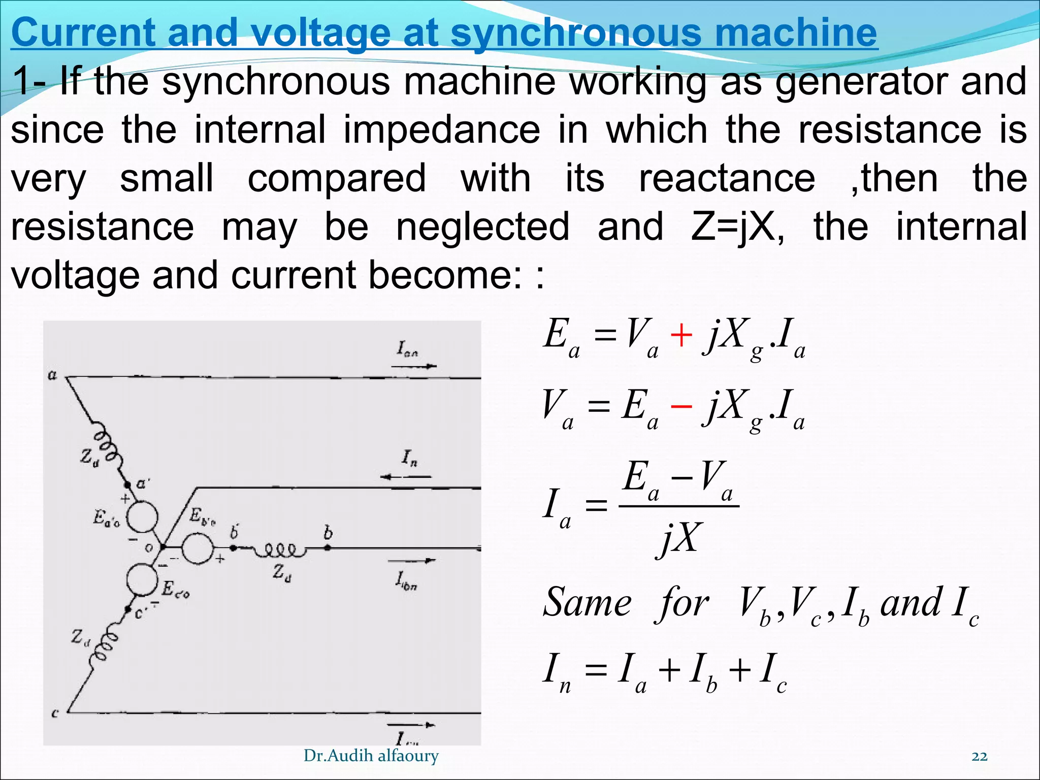 22
Current and voltage at synchronous machine
1- If the synchronous machine working as generator and
since the internal impedance in which the resistance is
very small compared with its reactance ,then the
resistance may be neglected and Z=jX, the internal
voltage and current become: :
.
.
, ,
a a g a
a a g a
a a
a
b c b c
n a b c
E V jX I
V E jX I
E V
I
jX
Same for V V I and I
I I I I
=
=
−
= +
+
+
−
=
Dr.Audih alfaoury
 