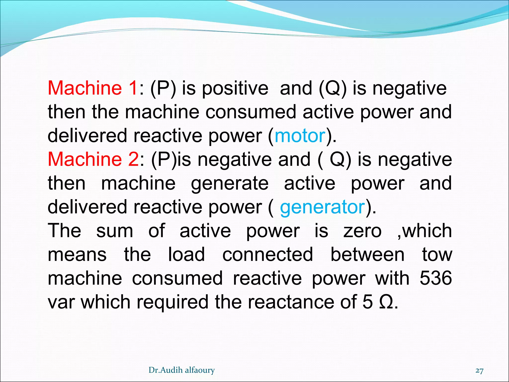 27
Machine 1: (P) is positive and (Q) is negative
then the machine consumed active power and
delivered reactive power (motor).
Machine 2: (P)is negative and ( Q) is negative
then machine generate active power and
delivered reactive power ( generator).
The sum of active power is zero ,which
means the load connected between tow
machine consumed reactive power with 536
var which required the reactance of 5 Ω.
Dr.Audih alfaoury
 