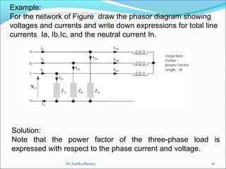 16
Example:
For the network of Figure draw the phasor diagram showing
voltages and currents and write down expressions for total line
currents Ia, Ib,Ic, and the neutral current In.
Solution:
Note that the power factor of the three-phase load is
expressed with respect to the phase current and voltage.
Dr.Audih alfaoury
 