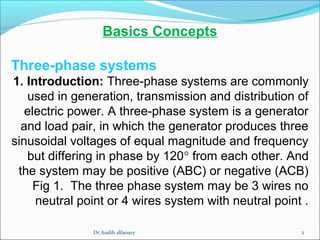 Basics Concepts
Three-phase systems
1. Introduction: Three-phase systems are commonly
used in generation, transmission and distribution of
electric power. A three-phase system is a generator
and load pair, in which the generator produces three
sinusoidal voltages of equal magnitude and frequency
but differing in phase by 120° from each other. And
the system may be positive (ABC) or negative (ACB)
Fig 1. The three phase system may be 3 wires no
neutral point or 4 wires system with neutral point .
2Dr.Audih alfaoury
 