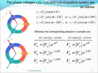 5
The phase voltages va
(t), vb
(t) and vc
(t) of positive system are
as follows
Whereas the corresponding phasors in complex are
( ) ( )
( ) ( )
cos( 0 )
cos 120 cos 240
cos 240 , or cos 120
o
a a
b a b a
c a c a
v V t
v V t or v V t
v V t v V t
ω
ω ω
ω ω
= ±
= − = +
= − = +
o o
o o
0 0
0 0
120 120
240 240
. .
for positive system for negative system
j j
a a a a
j j
b a b a
j j
c a c a
V V e V V e
V V e V V e
V V e V V e
−
−
= =
= =
= =
o o
o o
6447448 6447448
Dr.Audih alfaoury
 