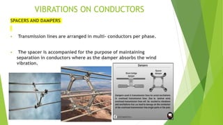 VIBRATIONS ON CONDUCTORS
SPACERS AND DAMPERS
 Transmission lines are arranged in multi- conductors per phase.
 The spacer is accompanied for the purpose of maintaining
separation in conductors where as the damper absorbs the wind
vibration.
 