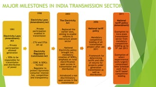MAJOR MILESTONES IN INDIA TRANSMISSION SECTOR
1991
Electricity Laws
(Amendment)
Act
. Private
participation
allowed
generation
. SEBs to be
responsible for
transmission
and distribution
of power
1998
Electricity Laws
(Amendment) Act
. Private
participation
enabled in
transmission
. CTU and STUs
set up
Electricity
Regulatory
Commission Act
. CERC & SERCs
formed
. Regulator to
protect &promote
consumer interest
,fair, competition
and transparency
2003
The Electricity
Act
. Replaced the
earlier laws,
aiming to enable
reforms &
restructure power
sector
. National
Electricity policy
brought out,
mandatory
creation of SERCs,
emphasis on rural
electrification
open access in
transmission and
distribution
. Introduced a non
discriminatory
open access in the
transmission
2006
National tariff
policy
. Mandatory
competitive
bidding of all
transmission
project after Jan
2011
. Framework for
determining
tariffs and rate
of returns for
projects under
generation
transmission as
well as
distribution
2011
National
tariff policy
(Amendment)
Exemption to
intra-state
transmission
sector from
mandatory
competitive
bidding up to
5th Jan 2013
Exemption of
select
experimental
work/urgent/
compressed
time schedule
work from
tariff based
competitive
bidding
 
