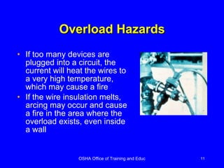 Overload Hazards If too many devices are plugged into a circuit, the current will heat the wires to a very high temperature, which may cause a fire If the wire insulation melts, arcing may occur and cause a fire in the area where the overload exists, even inside a wall 