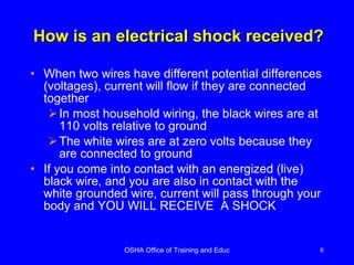 How is an electrical shock received? When two wires have different potential differences (voltages), current will flow if they are connected together In most household wiring, the black wires are at 110 volts relative to ground The white wires are at zero volts because they are connected to ground If you come into contact with an energized (live) black wire, and you are also in contact with the white grounded wire, current will pass through your body and YOU WILL RECEIVE  A SHOCK 