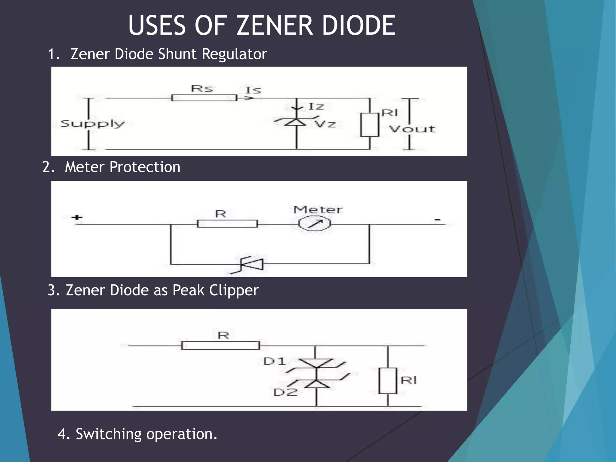 USES OF ZENER DIODE
1. Zener Diode Shunt Regulator

2. Meter Protection

3. Zener Diode as Peak Clipper

4. Switching operation.

 