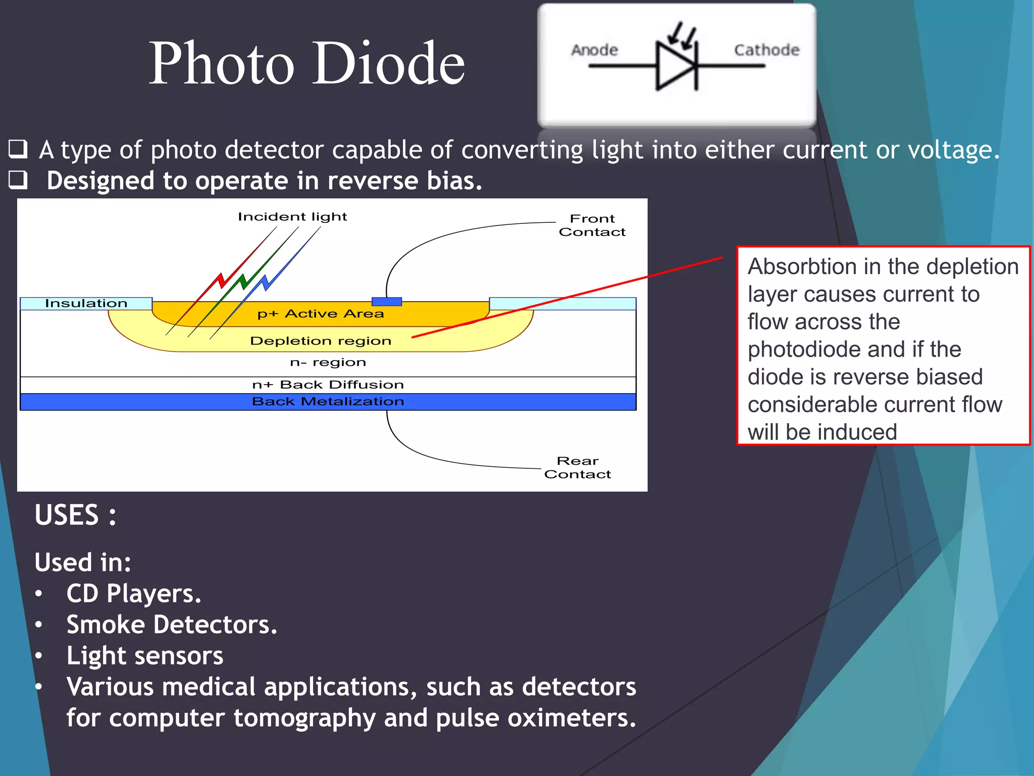 Photo Diode
 A type of photo detector capable of converting light into either current or voltage.
 Designed to operate in reverse bias.
Incident light

Front
Contact

Absorbtion in the depletion
layer causes current to
flow across the
photodiode and if the
diode is reverse biased
considerable current flow
will be induced

Insulation
p+ Active Area
Depletion region
n- region
n+ Back Diffusion
Back Metalization

Rear
Contact

USES :
Used in:
• CD Players.
• Smoke Detectors.
• Light sensors
• Various medical applications, such as detectors
for computer tomography and pulse oximeters.

 
