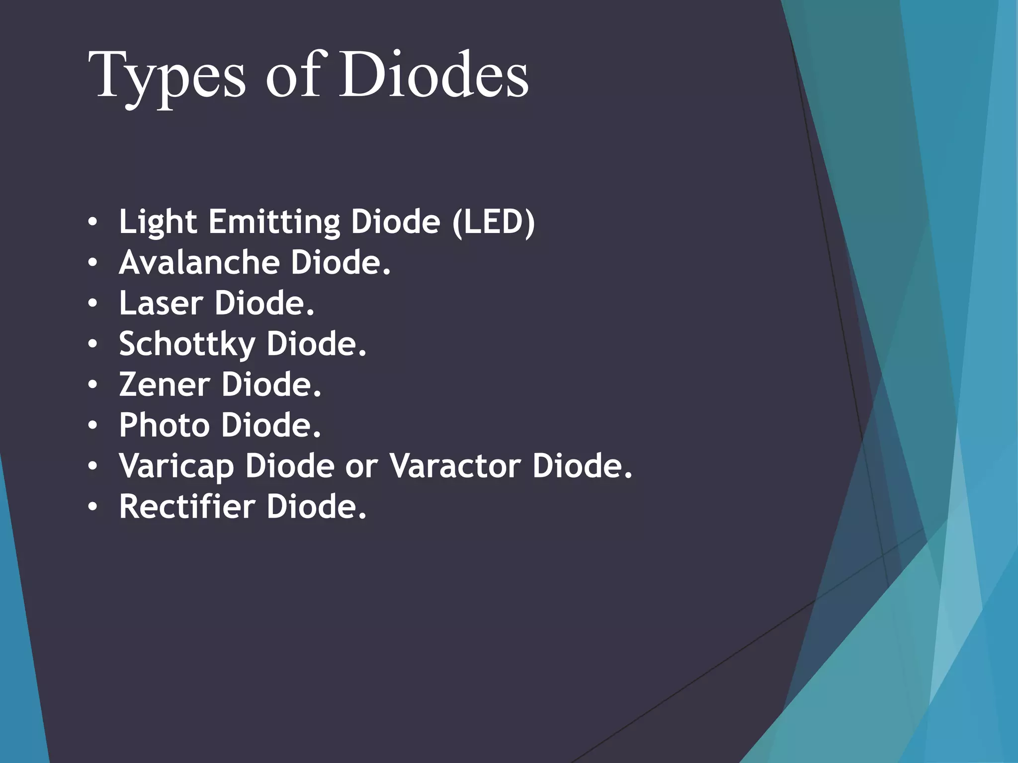Types of Diodes
•
•
•
•
•
•
•
•

Light Emitting Diode (LED)
Avalanche Diode.
Laser Diode.
Schottky Diode.
Zener Diode.
Photo Diode.
Varicap Diode or Varactor Diode.
Rectifier Diode.

 