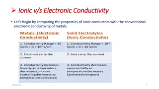  Ionic v/s Electronic Conductivity
18-03-2016 3
• Let’s begin by comparing the properties of ionic conductors with the conventional
electronic conductivity of metals.
 