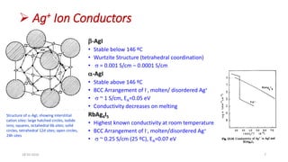  Ag+ Ion Conductors
b-AgI
• Stable below 146 ºC
• Wurtzite Structure (tetrahedral coordination)
• s = 0.001 S/cm – 0.0001 S/cm
a-AgI
• Stable above 146 ºC
• BCC Arrangement of I-, molten/ disordered Ag+
• s ~ 1 S/cm, EA=0.05 eV
• Conductivity decreases on melting
RbAg4I5
• Highest known conductivity at room temperature
• BCC Arrangement of I-, molten/disordered Ag+
• s ~ 0.25 S/cm (25 ºC), EA=0.07 eV
18-03-2016 7
Structure of a-AgI, showing interstitial
cation sites: large hatched circles, iodide
ions; squares, octahedral 6b sites; solid
circles, tetrahedral 12d sites; open circles,
24h sites
 