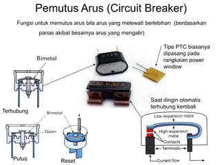 Pemutus Arus (Circuit Breaker)
Fungsi untuk memutus arus bila arus yang melewati berlebihan (berdasarkan
panas akibat besarnya arus yang mengalir)
Terhubung
Putus Reset
Saat dingin otomatis
terhubung kembali
Tipe PTC biasanya
dipasang pada
rangkaian power
window
 