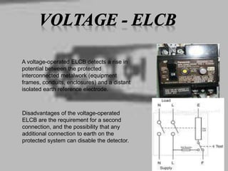 A voltage-operated ELCB detects a rise in
potential between the protected
interconnected metalwork (equipment
frames, conduits, enclosures) and a distant
isolated earth reference electrode.
Disadvantages of the voltage-operated
ELCB are the requirement for a second
connection, and the possibility that any
additional connection to earth on the
protected system can disable the detector.
 