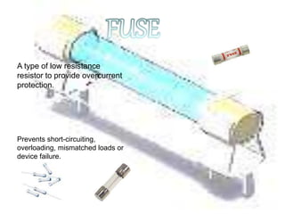 A type of low resistance
resistor to provide overcurrent
protection.
Prevents short-circuiting,
overloading, mismatched loads or
device failure.
 