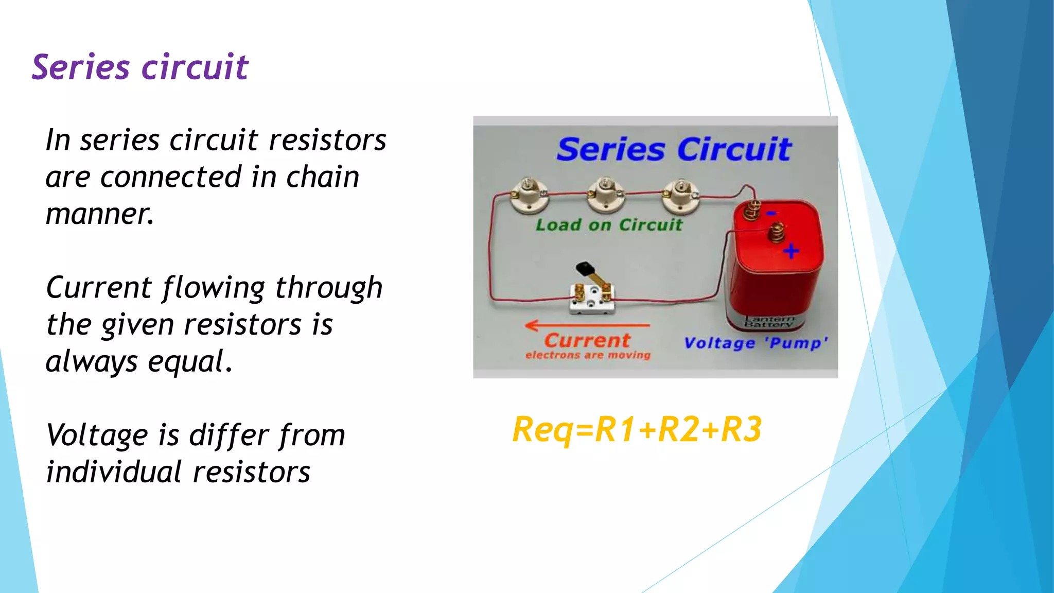 Series circuit
In series circuit resistors
are connected in chain
manner.
Current flowing through
the given resistors is
always equal.
Voltage is differ from
individual resistors
Req=R1+R2+R3
 