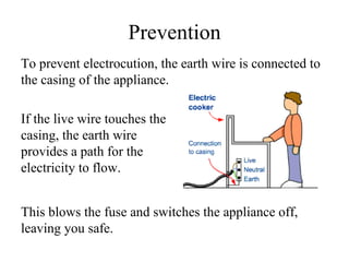 Prevention To prevent electrocution, the earth wire is connected to the casing of the appliance. If the live wire touches the casing, the earth wire provides a path for the electricity to flow. This blows the fuse and switches the appliance off, leaving you safe. 