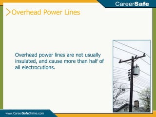 Overhead Power Lines www.Career Safe Online.com Overhead power lines are not usually insulated, and cause more than half of all electrocutions. 
