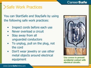 You can StartSafe and StaySafe by using the following safe work practices: www.Career Safe Online.com Safe Work Practices Inspect cords before each use Never overload a circuit  Stay away from all unguarded conductors To unplug, pull on the plug, not the cord Don’t wear jewelry or use other metal objects around electrical equipment  