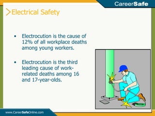Electrical Safety www.Career Safe Online.com Electrocution is the cause of 12% of all workplace deaths among young workers. Electrocution is the third leading cause of work-related deaths among 16 and 17-year-olds. 