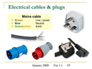 January 2008 Ver 1.1 19
Electrical cables & plugs
Mains cable
 Brown Live - power
 Blue Neutral
 Green/yellow Earth
 