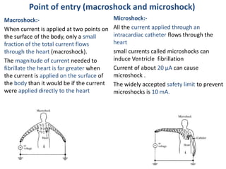 Point of entry (macroshock and microshock)
Macroshock:-
When current is applied at two points on
the surface of the body, only a small
fraction of the total current flows
through the heart (macroshock).
The magnitude of current needed to
fibrillate the heart is far greater when
the current is applied on the surface of
the body than it would be if the current
were applied directly to the heart
Microshock:-
All the current applied through an
intracardiac catheter flows through the
heart
small currents called microshocks can
induce Ventricle fibrillation
Current of about 20 µA can cause
microshock .
The widely accepted safety limit to prevent
microshocks is 10 mA.
 