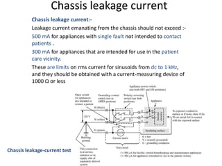 Chassis leakage current
Chassis leakage current:-
Leakage current emanating from the chassis should not exceed :-
500 mA for appliances with single fault not intended to contact
patients .
300 mA for appliances that are intended for use in the patient
care vicinity.
These are limits on rms current for sinusoids from dc to 1 kHz,
and they should be obtained with a current-measuring device of
1000 Ω or less
Chassis leakage-current test
 