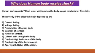 Human body consists 70% of water which makes the body a good conductor of Electricity.
The severity of the electrical shock depends up on:
1) Current Rating.
2) Voltage Rating.
3) Precipitation of human body.
4) Duration of contact.
5) Nature of contact.
6) Current path through the body.
7) Conductivity/ Resistance of the body.
8) Conductivity of the Environment.
9) Age/ Health Status of the victim.
 