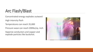 Arc Flash/Blast
Concentrated energy explodes outward
High intensity flash
Temperatures can reach 35,000
Pressure wave can reach 200lbs/sq. inch
Vaporize conductors and copper and
explode particles like buckshot.
 