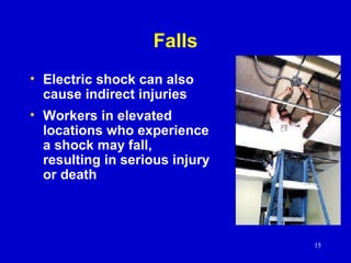15
Falls
• Electric shock can also
cause indirect injuries
• Workers in elevated
locations who experience
a shock may fall,
resulting in serious injury
or death
 