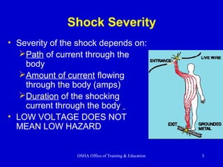 OSHA Office of Training & Education 3
Shock Severity
• Severity of the shock depends on:
Path of current through the
body
Amount of current flowing
through the body (amps)
Duration of the shocking
current through the body,
• LOW VOLTAGE DOES NOT
MEAN LOW HAZARD
 