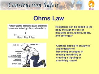 Ohms Law
Clothing should fit snugly to
avoid danger of
becoming entangled in
moving machinery or
creating a tripping or
stumbling hazard
Resistance can be added to the
body through the use of
insulated tools, gloves, boots,
and other gear
 